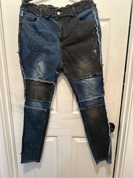 Denim - Patchwork Black and Dark Blue Women's Stretch Jeans- Distressed Artistic Design